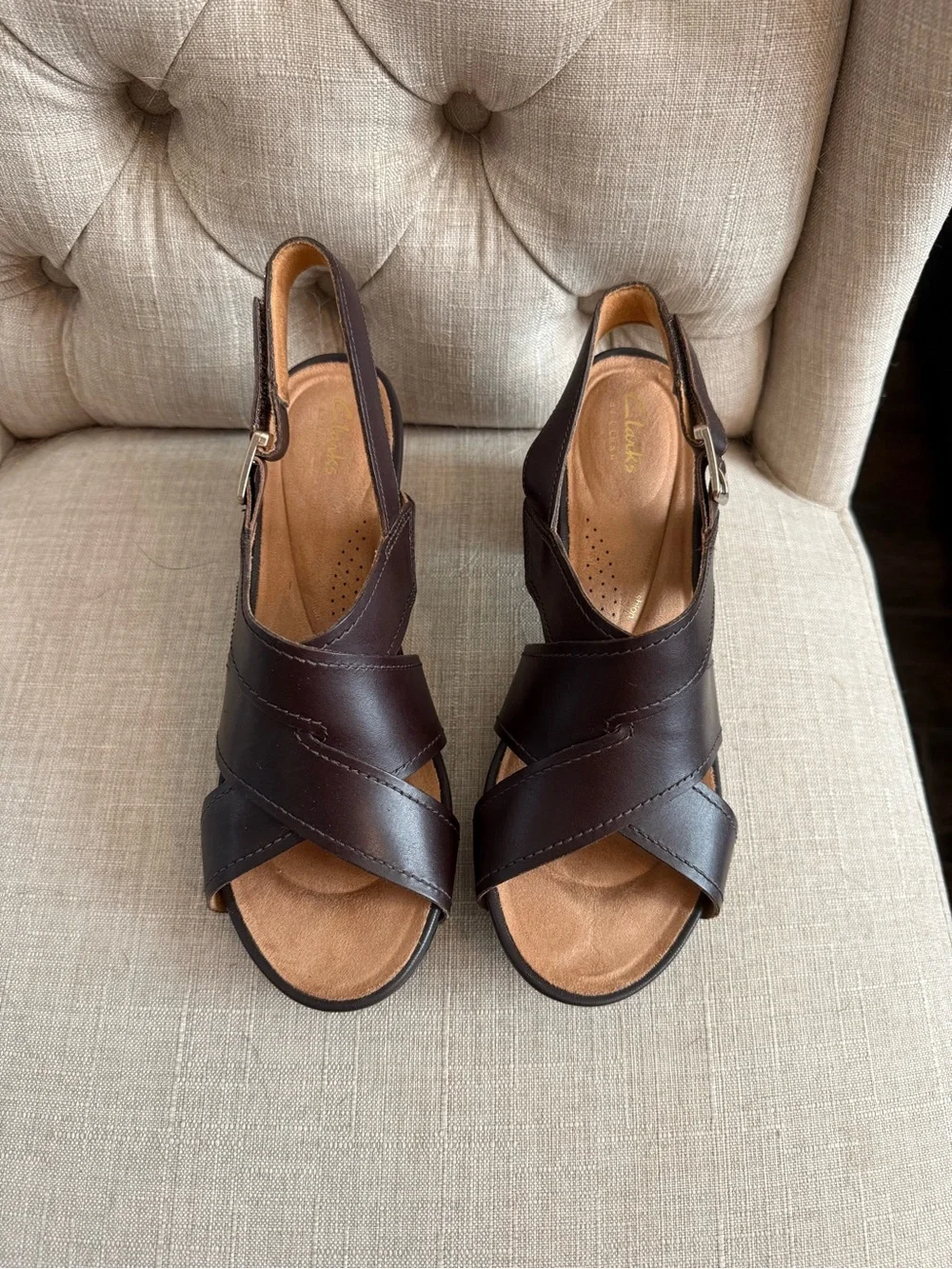 Clarks Dark Brown Leather Crisscross Slingback Sandals
